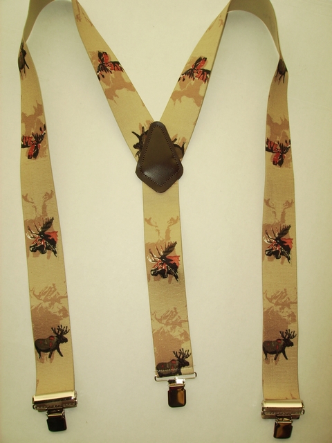 MOOSE KHAKI BACKGROUND "Y" Style 1 1/2" X 48" long. All Straps are stretchable Cotton/Polyester Hand Washable-Hang to Dry Material with Real Leather Patch, 3 Strong 1" x 1" High Polished Stainless Steel GRIPS and Two Secure Stainless Steel Adjusters. Fits 4' 8" to 6' 2" Average Build. Y-UB420N48MSKH